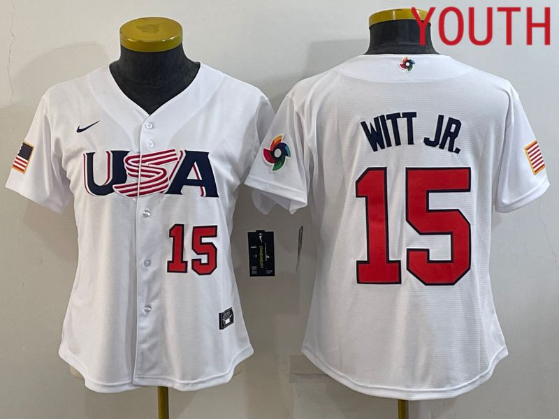 Youth 2023 World Cub USA #15 Witt jr White MLB Jersey4